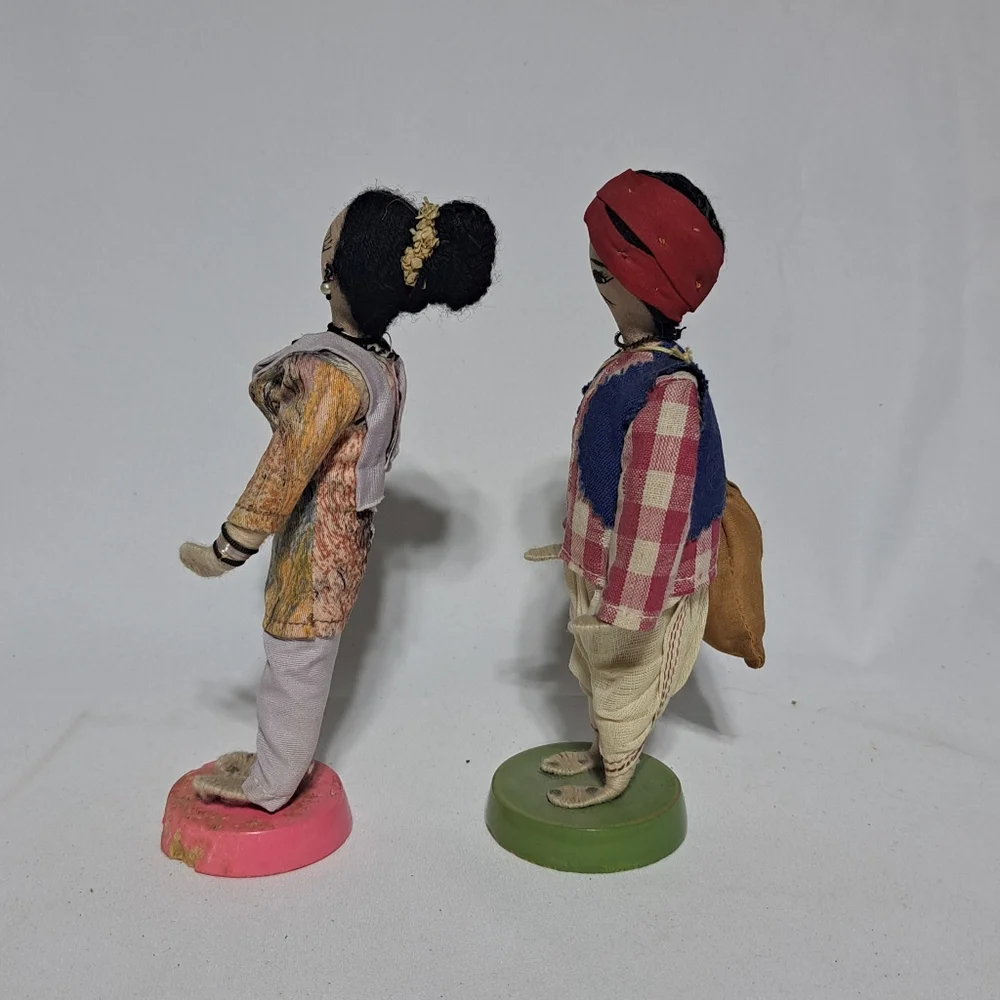Vintage 1950s Handmade Wooden / Cloth Indian‎ Dolls - Set Of 2